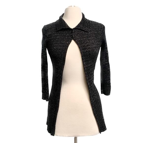 Vintage Sweaters - Black Sparkle Knit Open Front Ribbed Cardigan Sweater